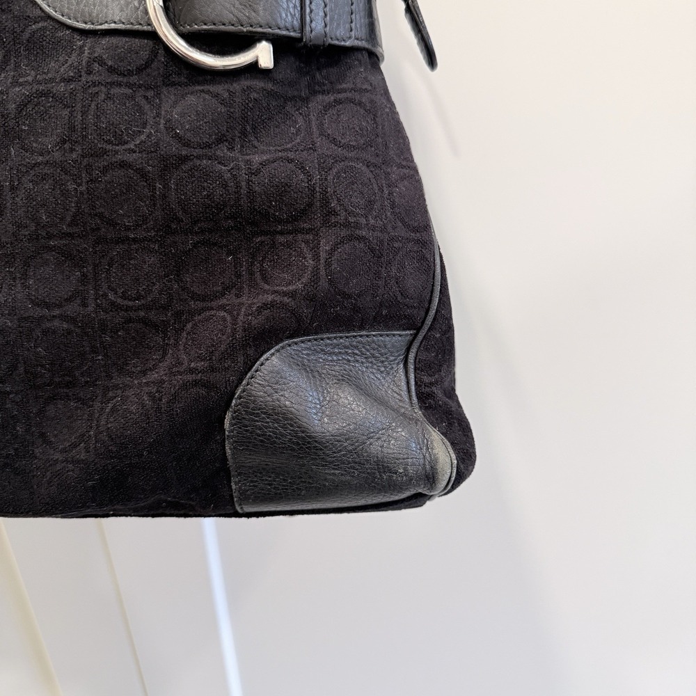 Salvatore Ferragamo Gancini Monogram Black Suede Leather Satchel Bag Vintage - Picture 5 of 14